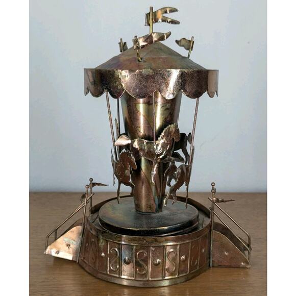 Vintage Copper Wind-Up Musical Carousel Horses 1960s MCM Music Home Decor Gift - Picture 1 of 12